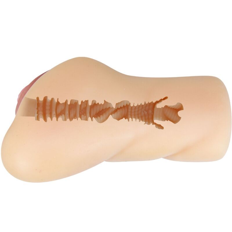 Beige Masturbator, seitliche Ansicht. Rosa Detail. Innenstruktur mit Rillen.