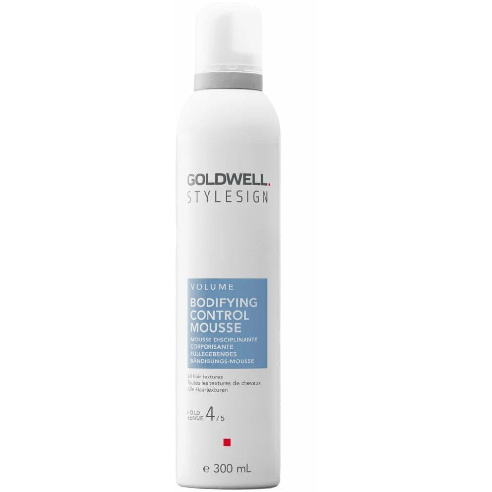 Goldwell Stylesign Volume Bodifying Control Mousse. Weiße Flasche mit blauem Etikett. Volumenangabe 4/5. 300 ml.