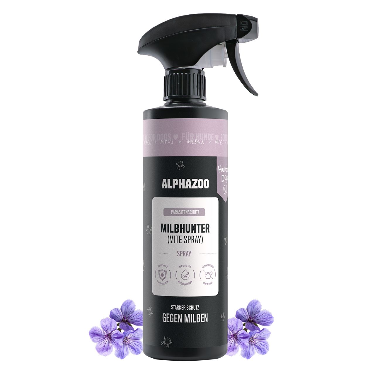 ALPHAZOO MilbHunter (Mite Spray) Sprühflasche mit Sprühkopf. Umgeben von lila Blüten. Text: Starker Schutz gegen Milben.