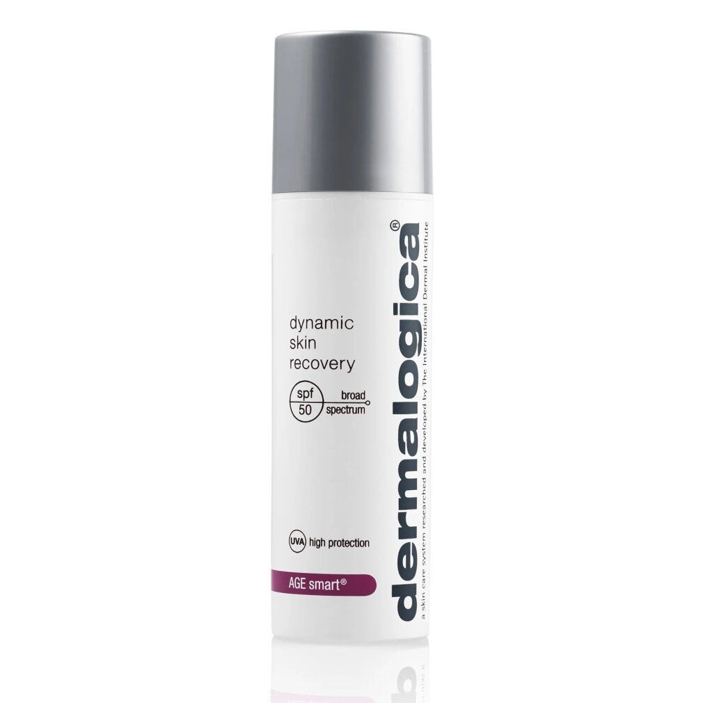 Weißes, zylindrisches Produkt mit silbernem Deckel. Text: dynamic skin recovery, SPF 50, AGE smart, Dermalogica.