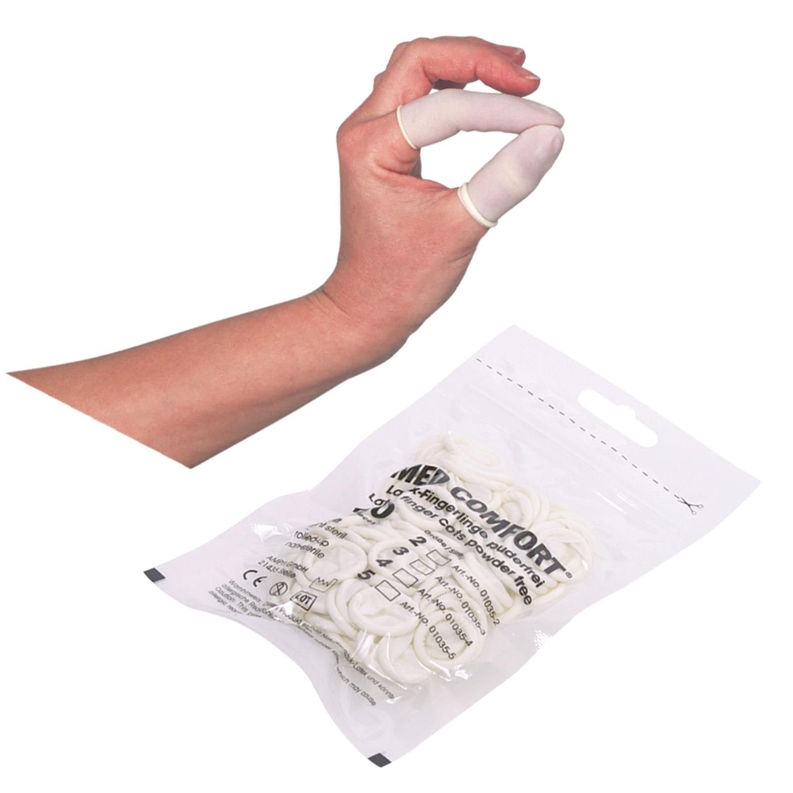Packung mit weißen Fingerlingen. Eine Hand mit einem Fingerling. Aufschrift: MED COMFORT.