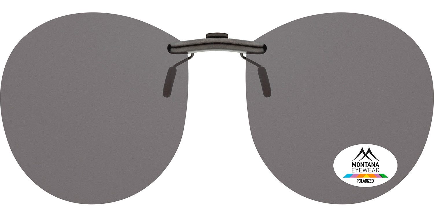 Clip-on-Sonnenbrille mit runden Gläsern. Graue Gläser, Metallbügel. Montana Eyewear Logo und Polarized-Aufkleber.