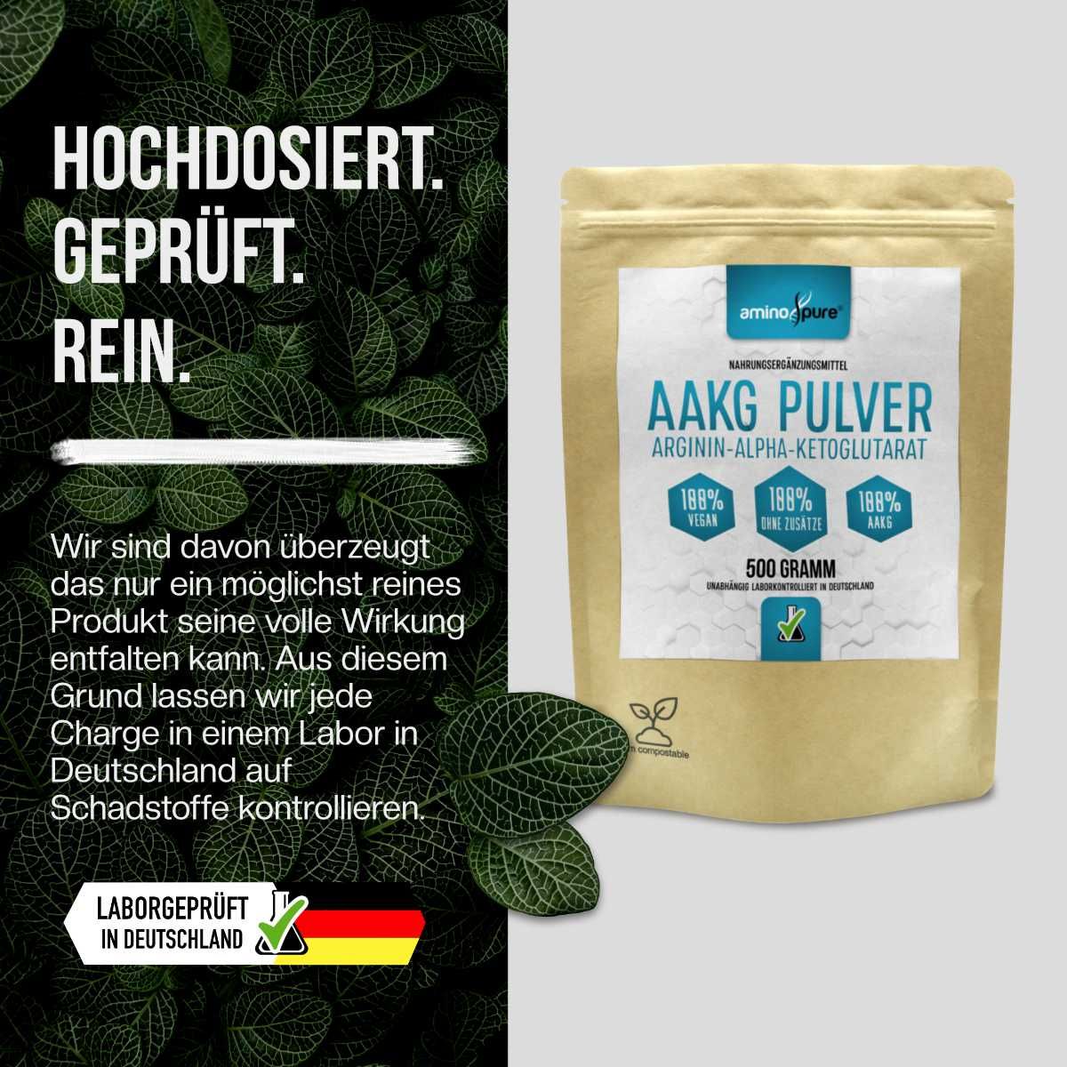 Standbodenbeutel AAKG Pulver 500g, mit Siegel 'Laborgeprüft in Deutschland'.