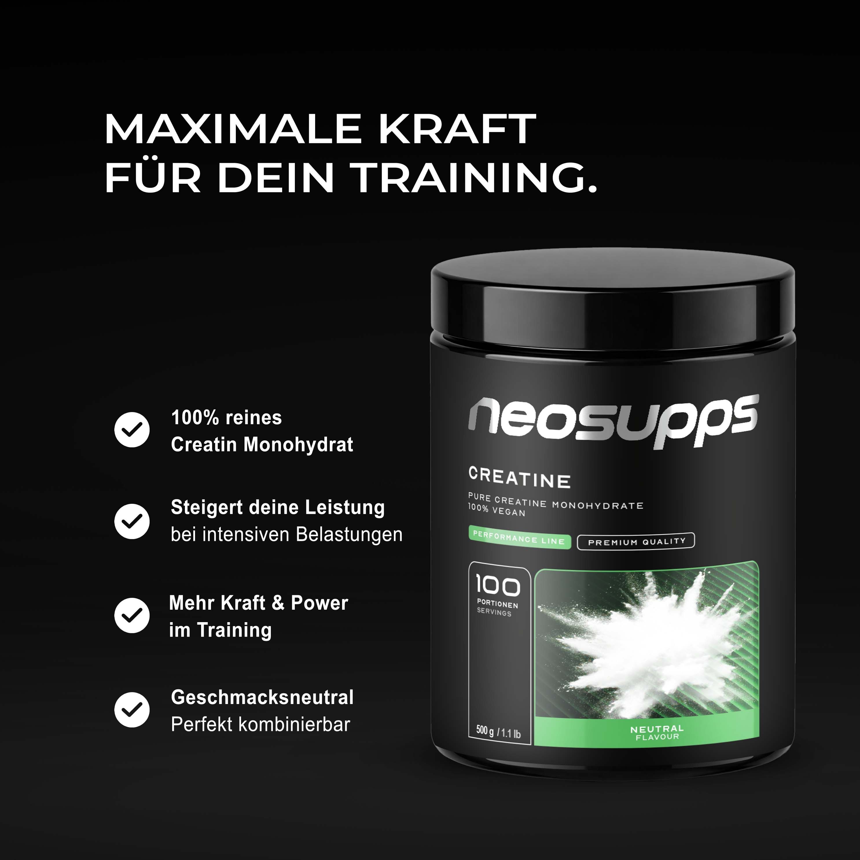 Neosupps Creatin Monohydrat Pulver, 500g, 100 % reines Kreatin ohne Zusatzstoffe