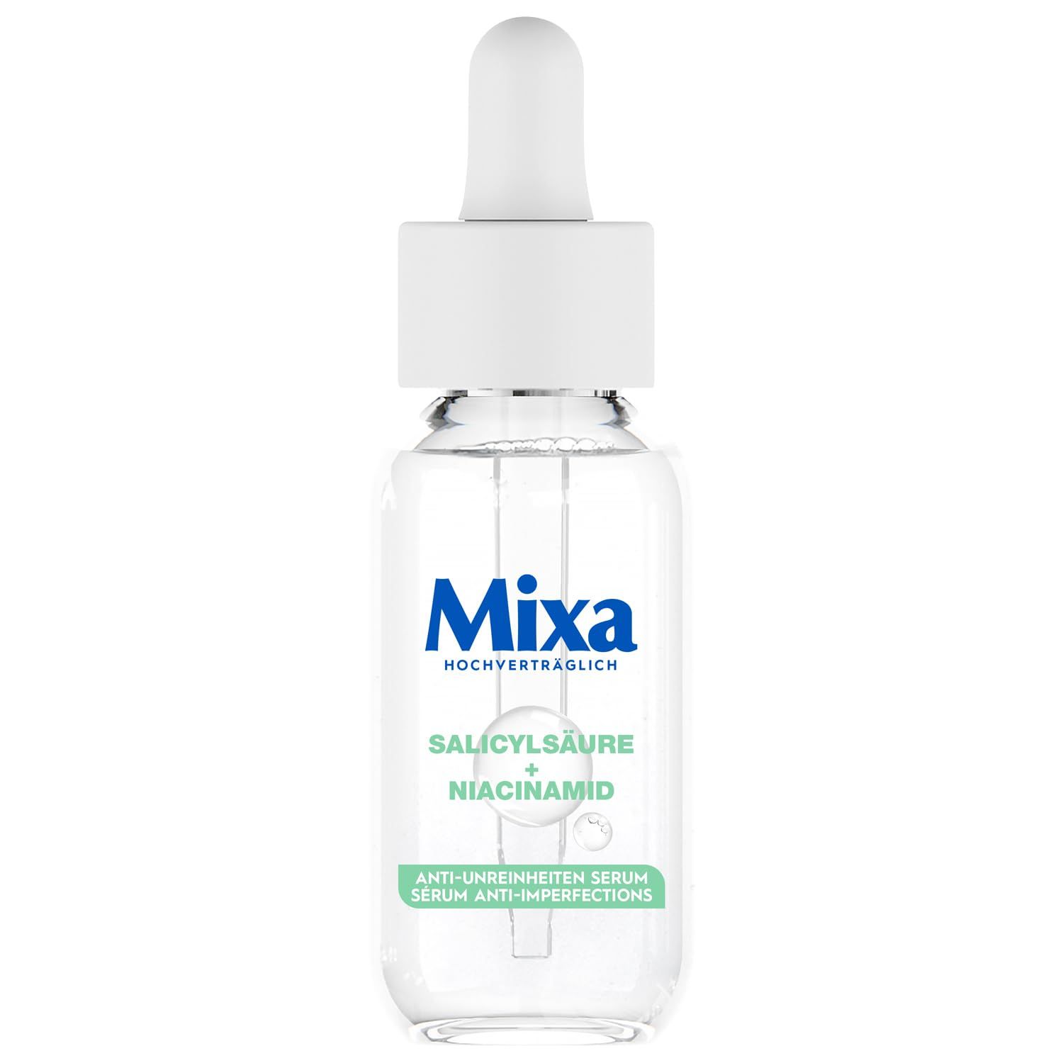 Klarflasche mit weißem Deckel und Pipette. Aufschrift: Mixa, Salicylsäure + Niacinamid. Anti-Unreinheiten Serum.