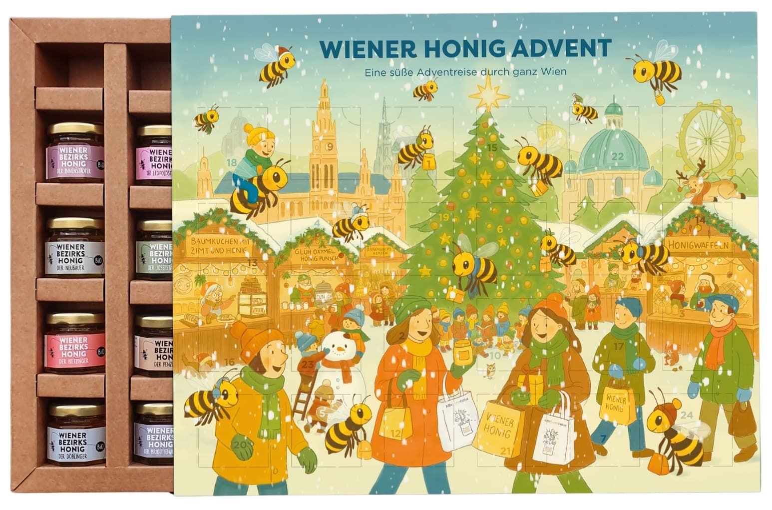 Adventskalender mit Honiggläsern. Auf der Verpackung: Illustration einer Winterlandschaft mit Weihnachtsmarkt und Bienen. Text: Wiener Honig Advent.