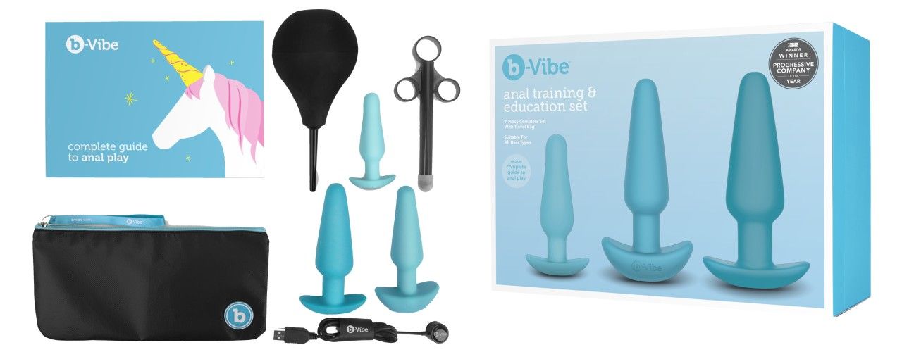 Set mit Analplugs, Zubehör, Tasche, Anleitung und Reinigungsgerät. Blau und schwarz. Verpackung mit Einhorn.