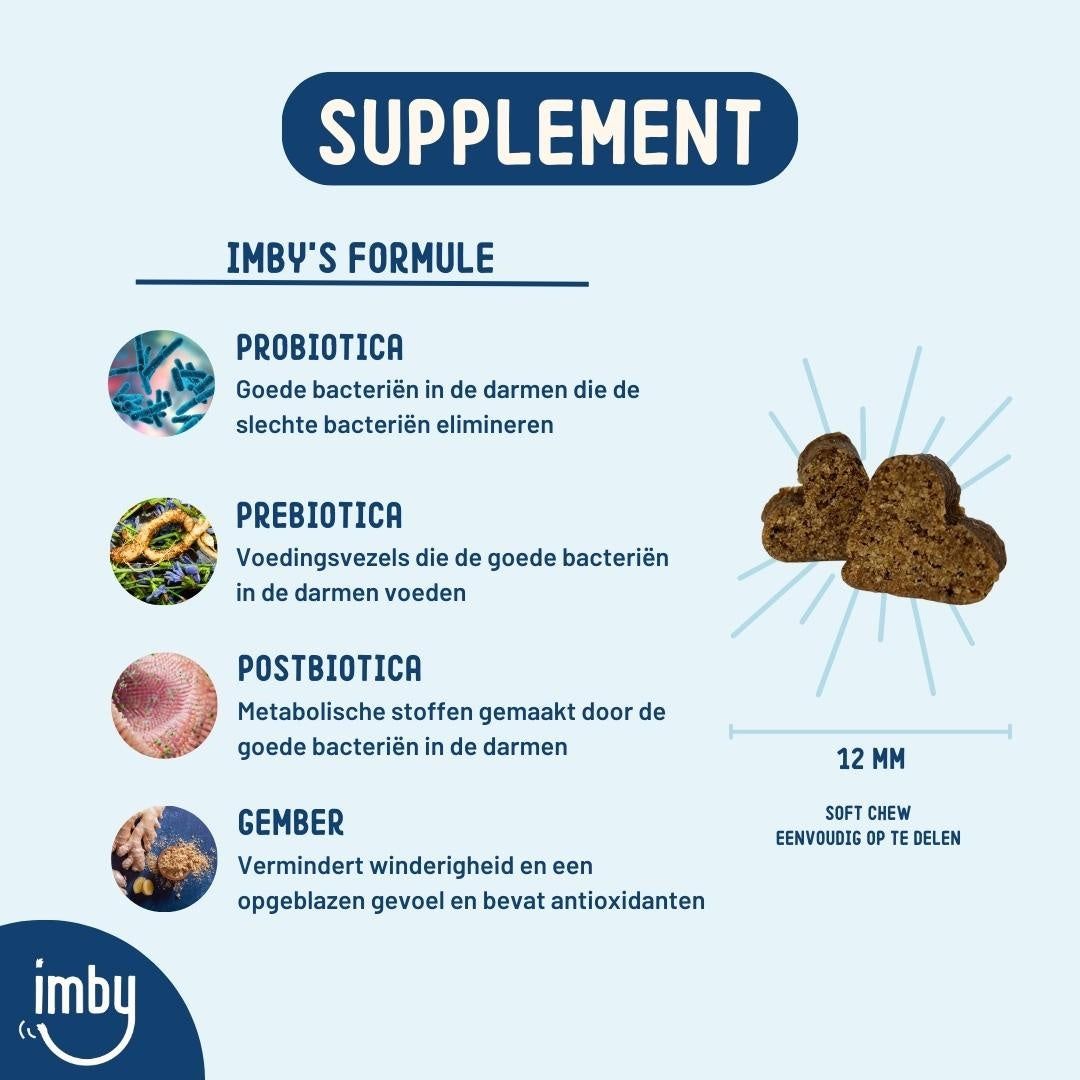 Imby's Formule: Probiotika, Präbiotika, Postbiotika und Ingwer. 12 mm weiche Kausnacks.