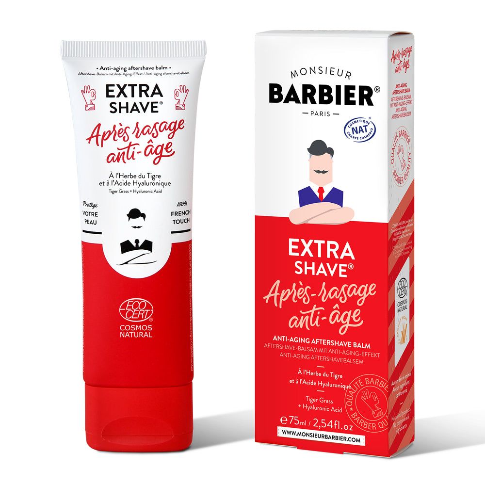Tube und Verpackung von Monsieur BARBIER Aftershave. Weiß-rotes Design mit Schriftzug 'Extra Shave' und 'Après rasage anti-âge'.
