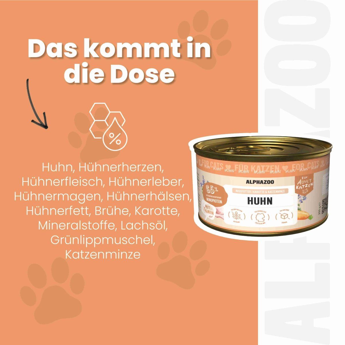 Produktabbildung: Dose mit alphazoo Huhn Nassfutter. Zutaten: Huhn, Hühnerherzen, Hühnerfleisch, Hühnerleber, Hühnermagen, Hühnerhals, Hühnerfett, Brühe, Karotte, Mineralstoffe, Lachsöl, Grünlippmuschel, Katzenminze.
