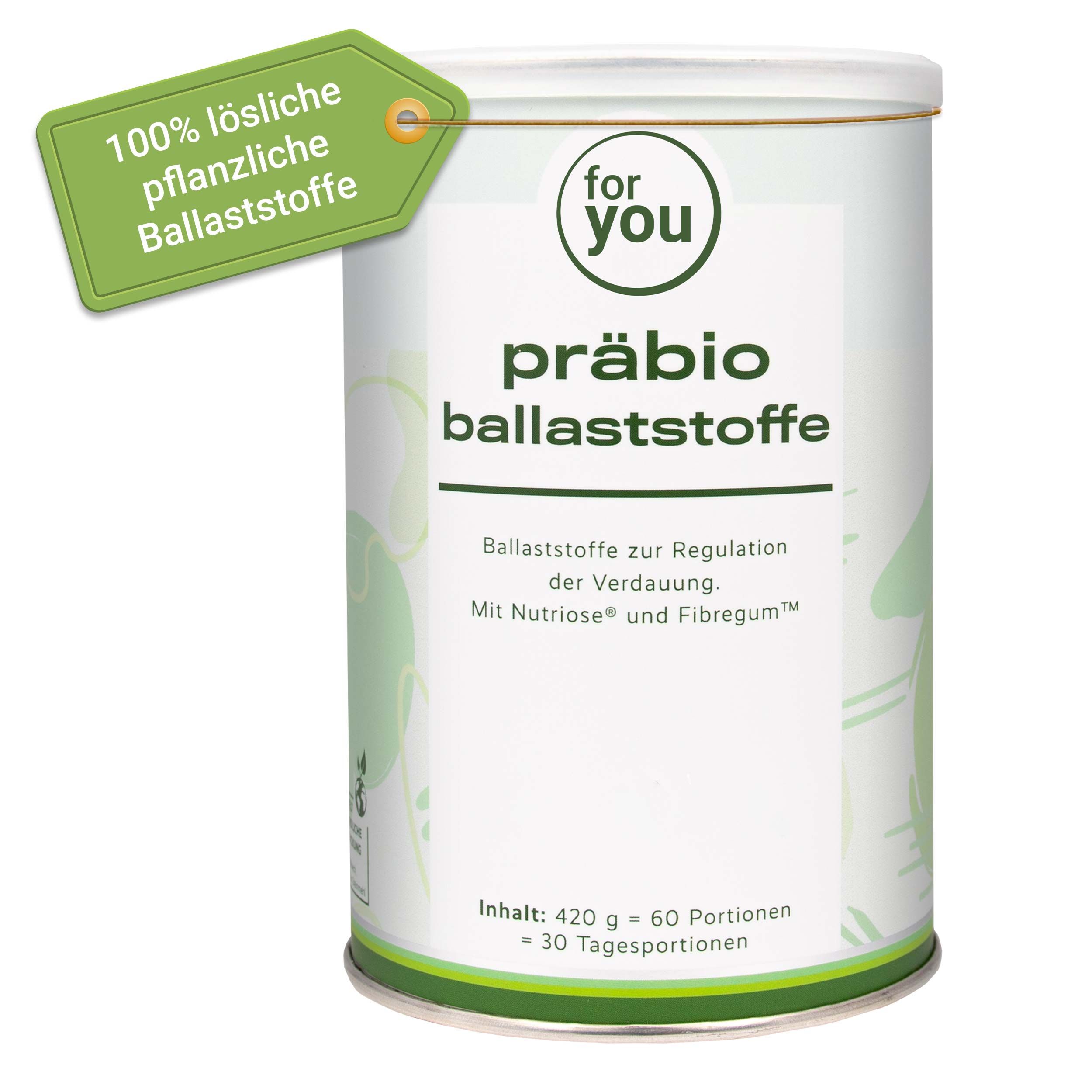 Vorteile von Präbiotik-Ballaststoffen: Vegan, laktosefrei, ohne Zuckerzusatz, weizenfrei, gentechnikfrei.