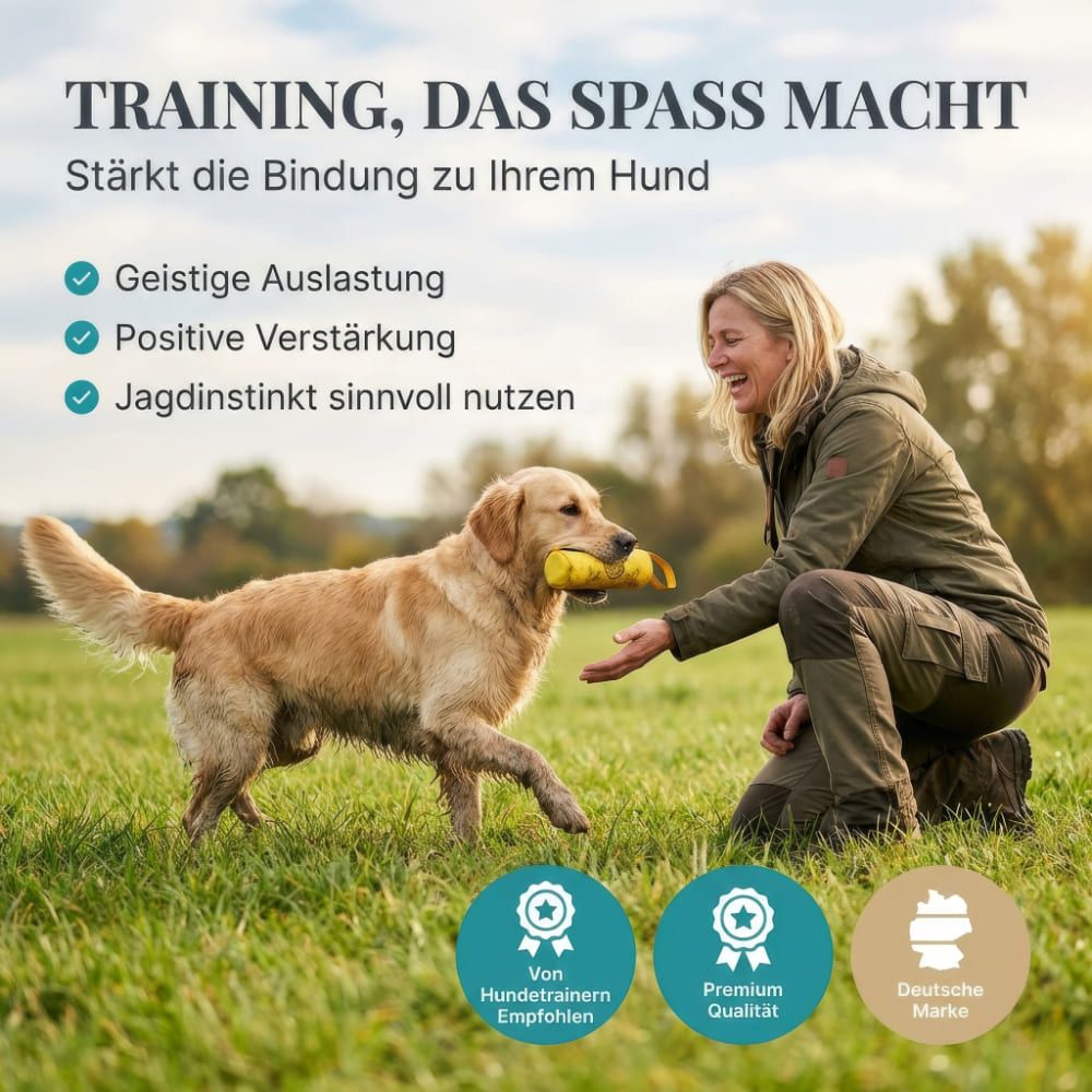Frau und Hund auf einer Wiese. Der Hund trägt einen gelben Futterbeutel. Text: Training, das Spaß macht.