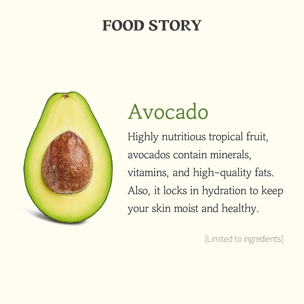 Halbe Avocado. Text: Highly nutritious tropical fruit, avocados contain minerals, vitamins, and high-quality fats.