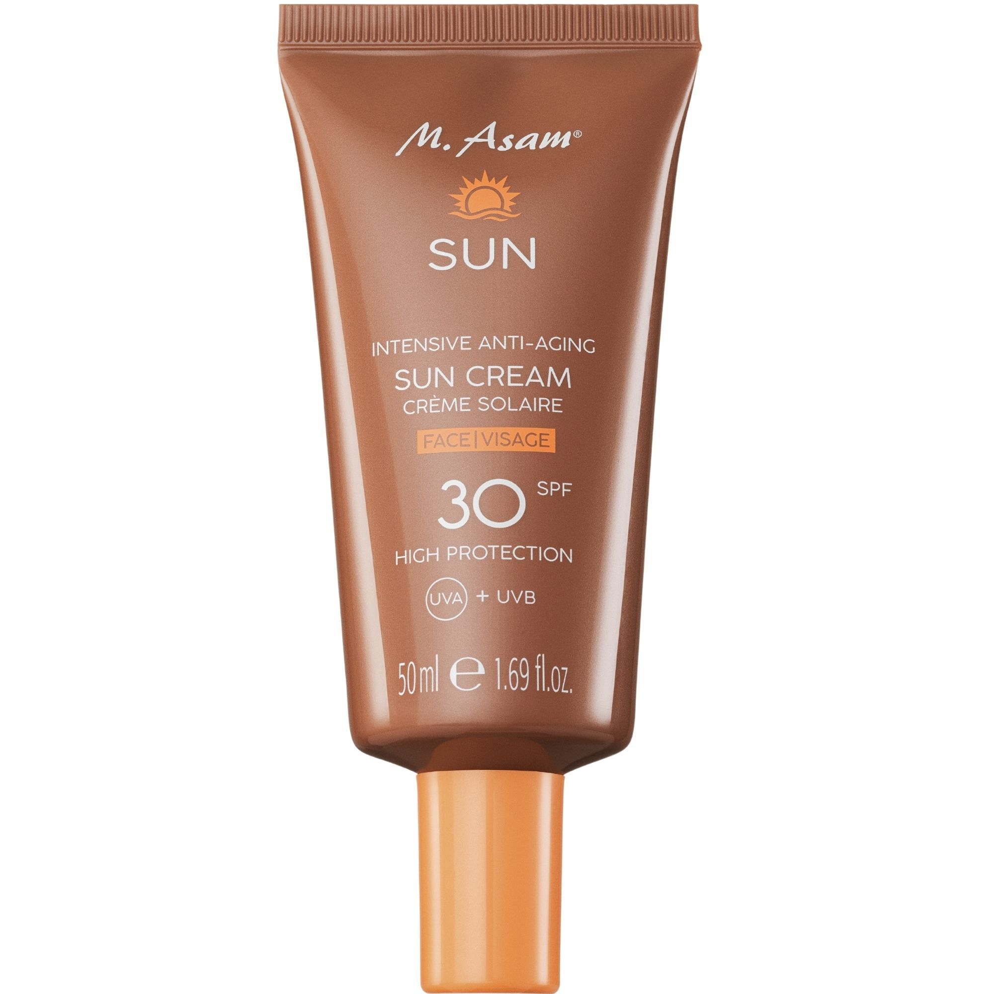 Braune Tube Sonnencreme. Text: M. Asam SUN, LSF 30, Anti-Aging. Aufschrift: Face, 30 SPF, High Protection, UVA + UVB.