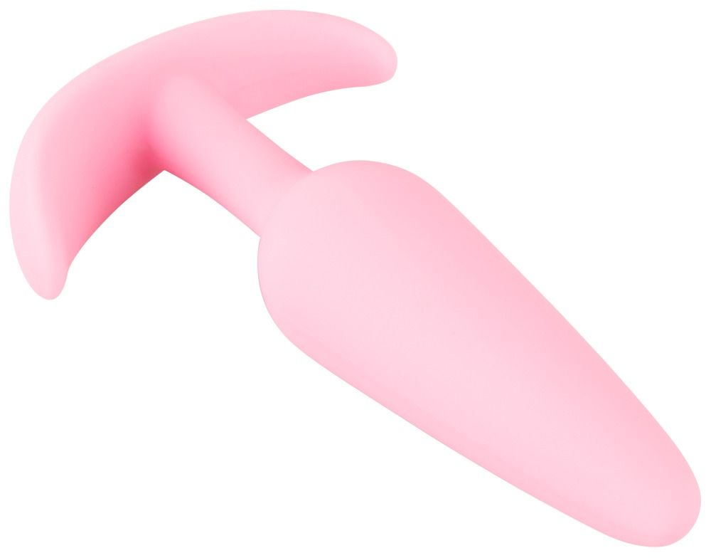 Rosa Analplug mit konischer Form und T-förmigem Griff. Aus weichem Material.