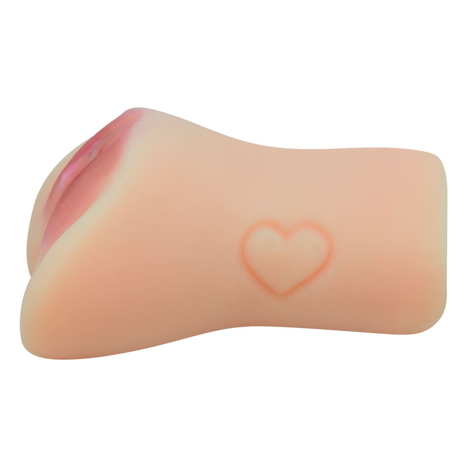 Fleischfarbener Masturbator, seitliche Ansicht. Mit Herz-Design und roter Öffnung.