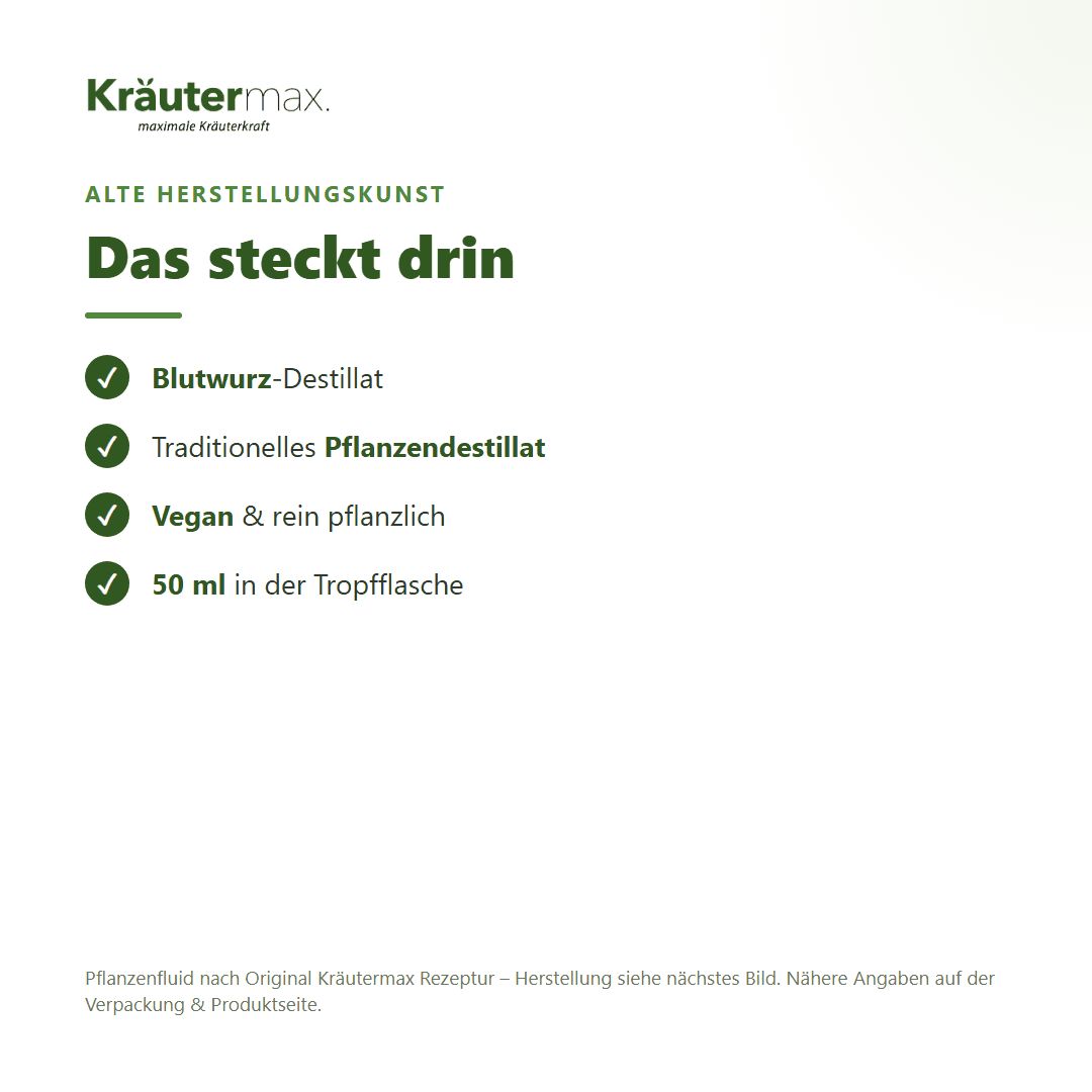 Liste der Inhaltsstoffe für Kräutermax Blutwurz Fluid. Enthält 50 ml.