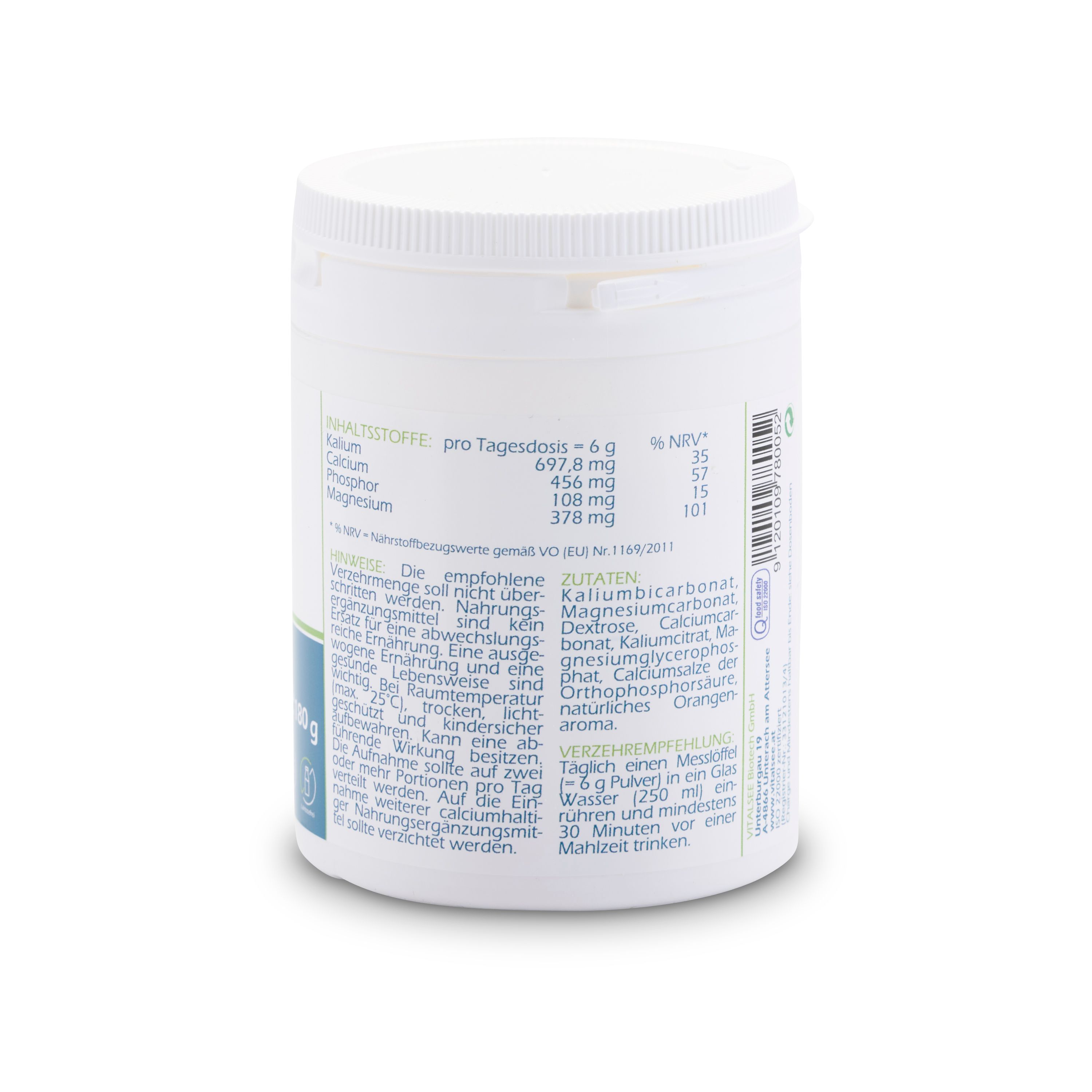Rückseite des weißen Behälters. Text mit Inhaltsstoffen und Verzehrempfehlung. Angaben zu Nährwerten und Zutaten.