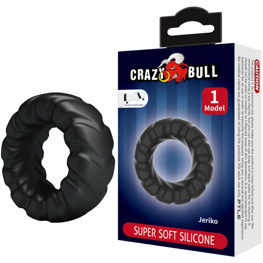 Verpackung mit schwarzem Penisring. Aufschrift: CRAZY BULL, Jeriko, SUPER SOFT SILICONE. Modell 1.