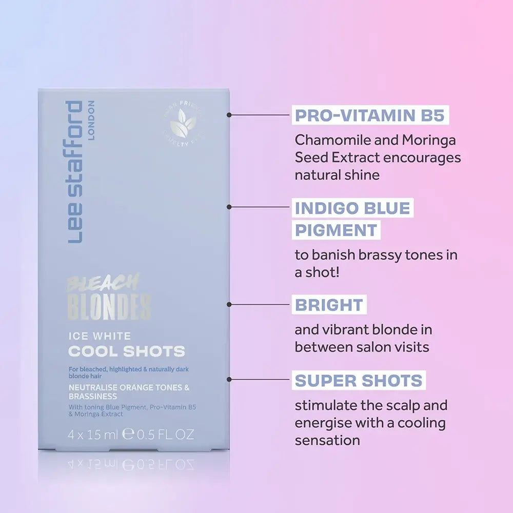 Lee Stafford Bleach Blondes Eisweiße Kaltspülung Verpackung mit detaillierten Produktinformationen.