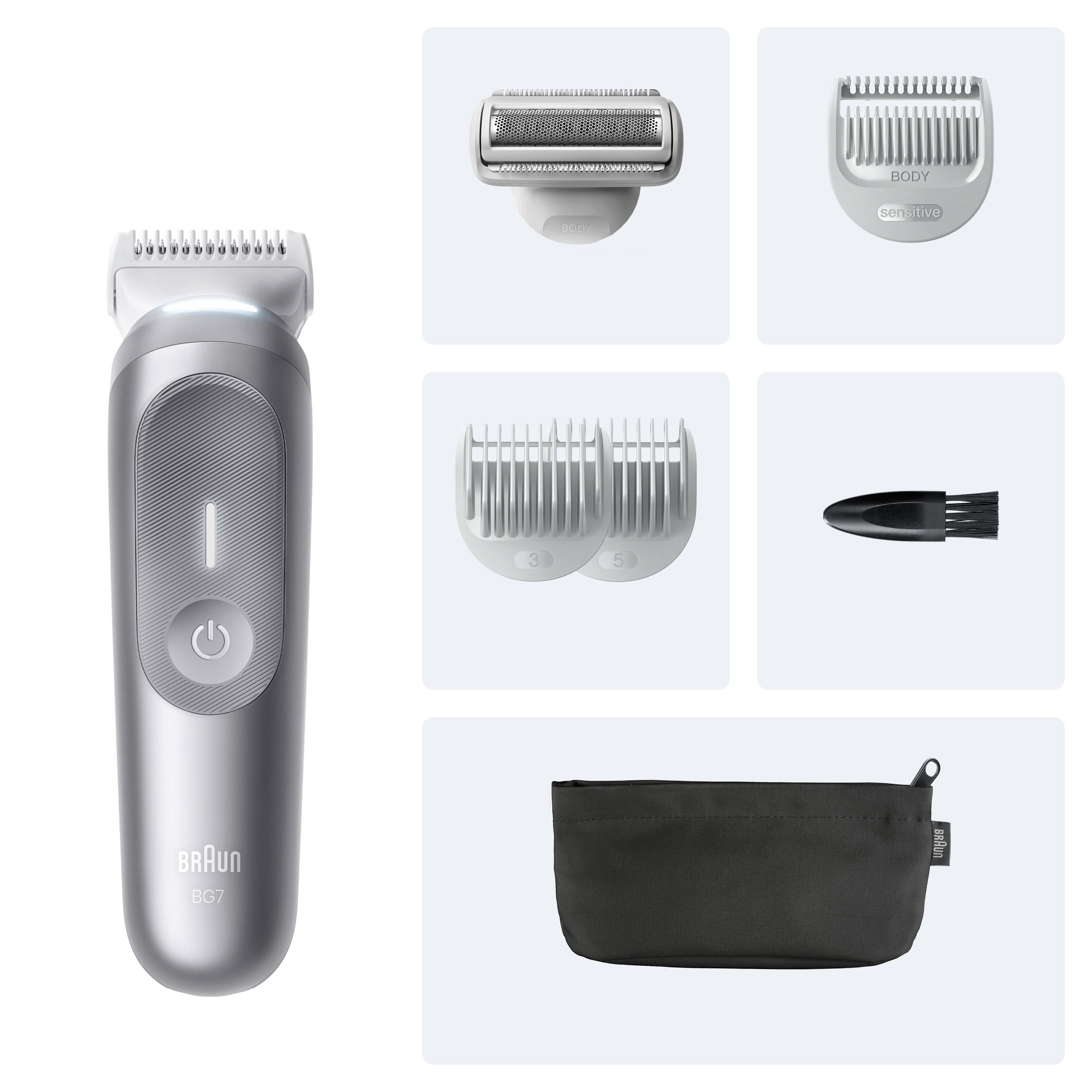Braun BodyGroomer Series 7 mit Zubehör: Trimmer, Scherkopf, 2 Aufsätze, Reinigungsbürste und Tasche.
