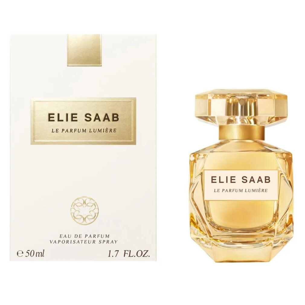 Elie Saab Le Parfum Lumière Flakon und Verpackung. Weißer Karton mit goldener Schrift. Flakon aus Glas.