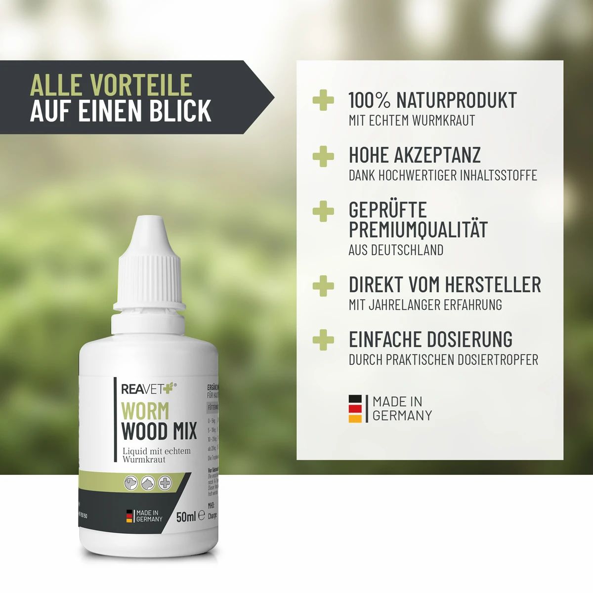 Weiße Flasche mit Tropfer, ReaVET Worm Wood Mix. Text: Alle Vorteile auf einen Blick, 100% Naturprodukt, Geprüfte Premiumqualität, Made in Germany.