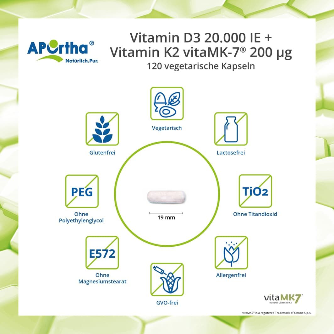 APOrtha® Vitamin D3 20.000 IE + Vitamin K2 vitaMK7® 200 µg Kapseln