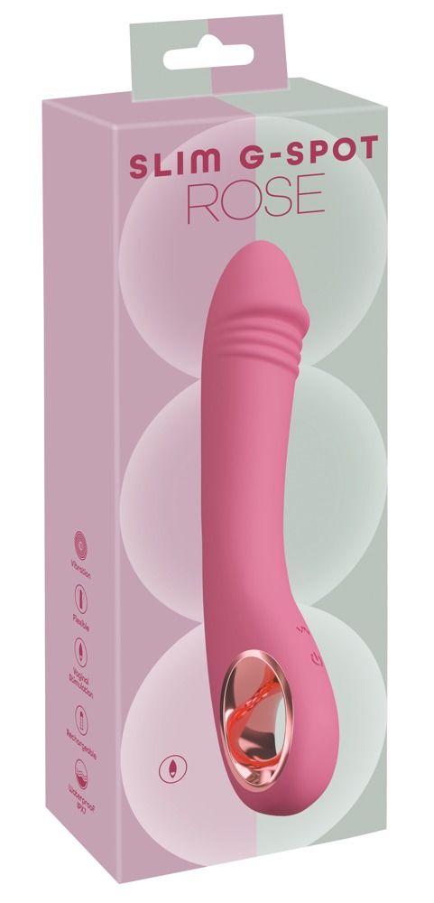 Verpackung mit rosa Vibrator. Text: Slim G-Spot ROSE. Eigenschaften: Vibration, flexibel, sanfte Stimulation, wiederaufladbar, wasserdicht.
