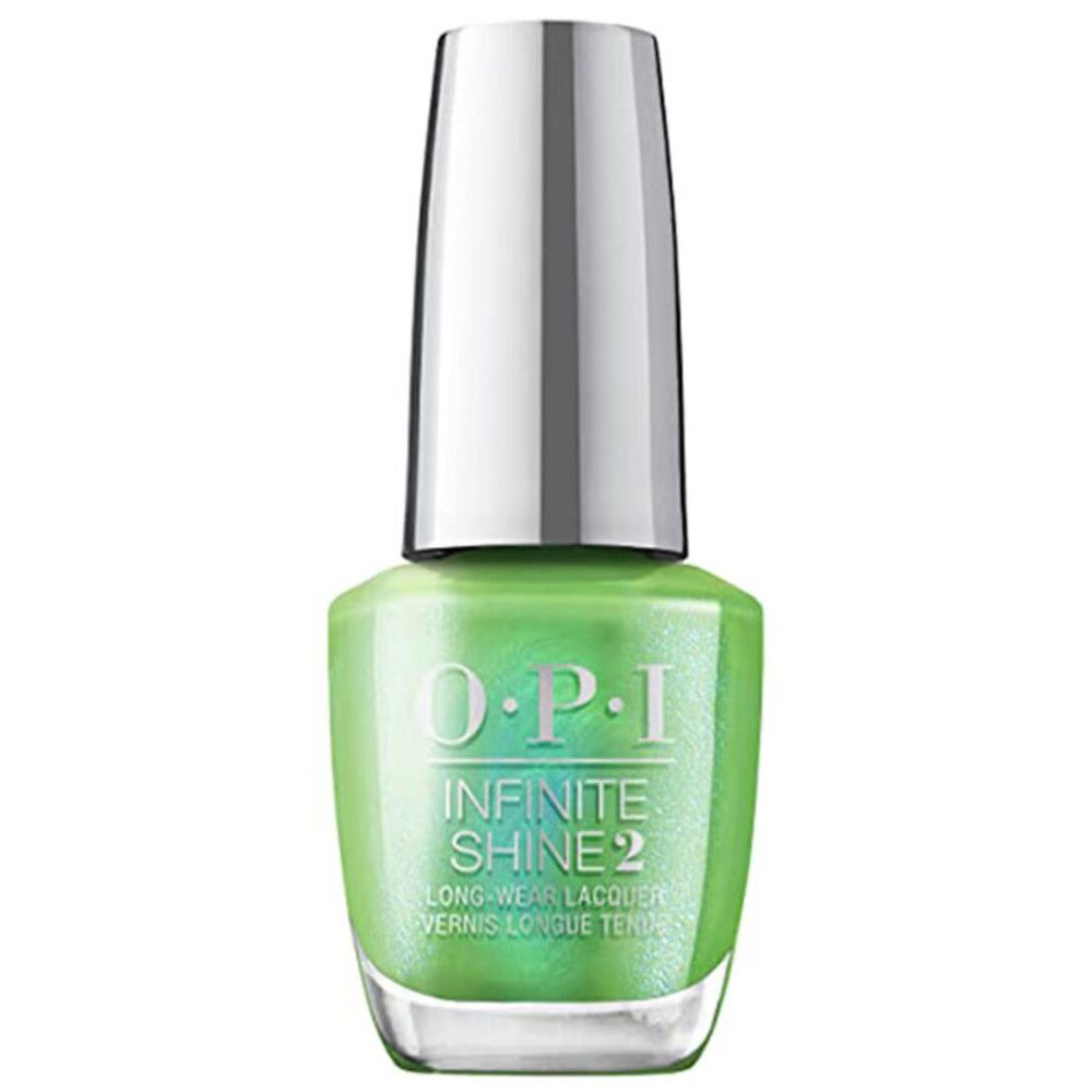 OPI Nagellacke Infinite Shine 2 Flasche. Grüner Lack, silberner Deckel. Produktname sichtbar.