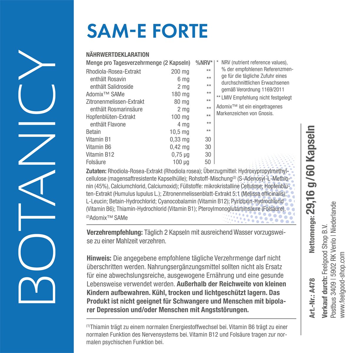 Botanicy SAM-e forte Packung. Enthält 60 magensaftresistente Kapseln. Mit Adomix. Nahrungsergänzungsmittel.
