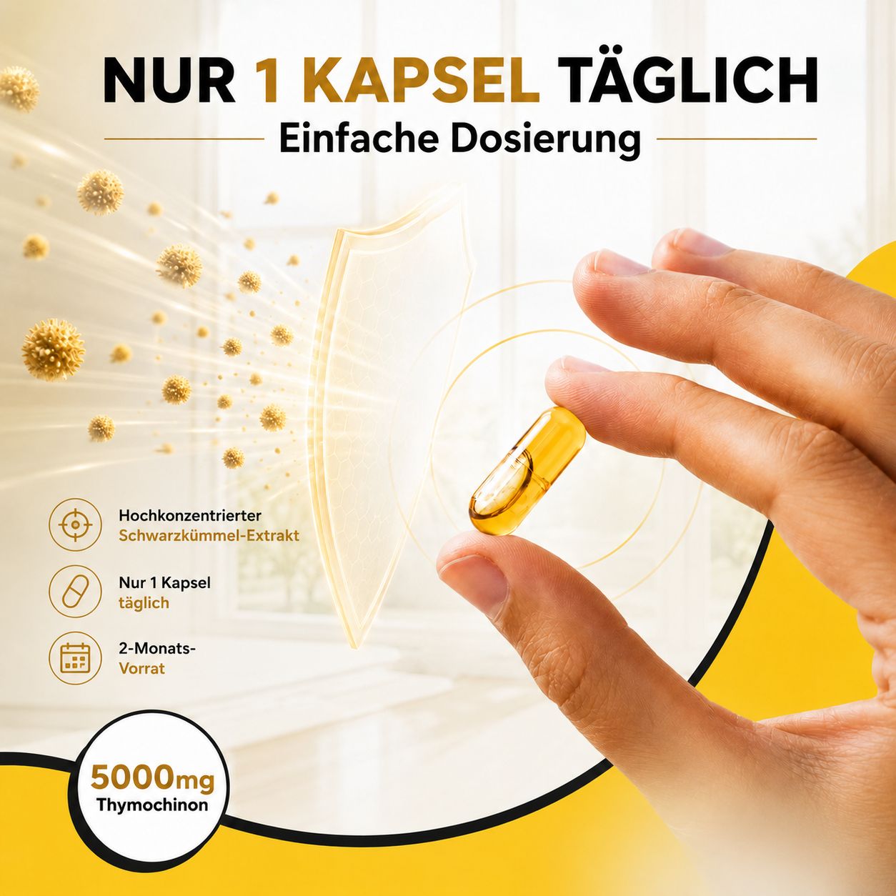 Hand hält eine Kapsel BIOLAVIVA Schwarzkümmel Extrakt. Nur 1 Kapsel täglich.