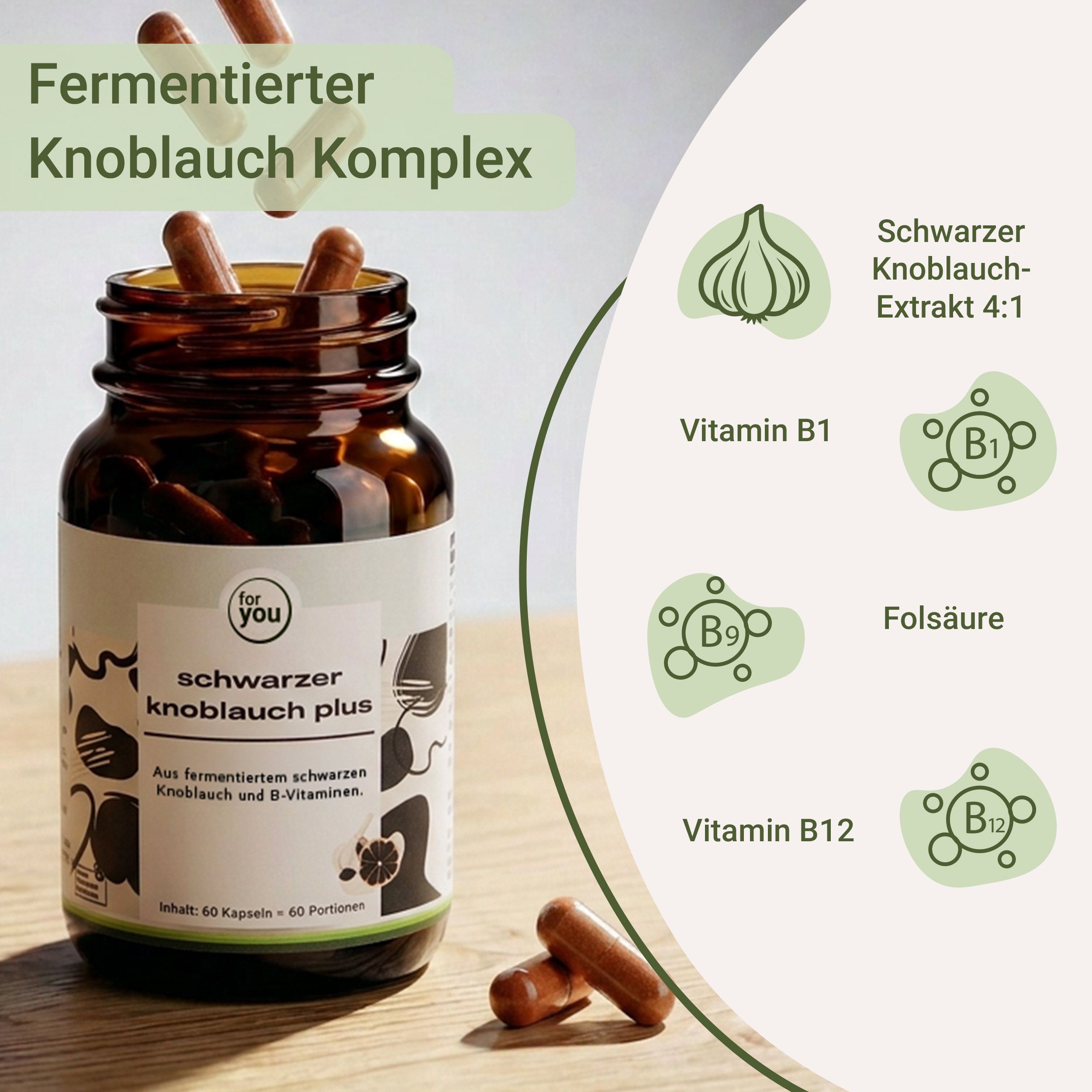 Eine Braunglasflasche mit Kapseln. Icons zeigen Knoblauch, Vitamin B1, B9, B12 und Folsäure.