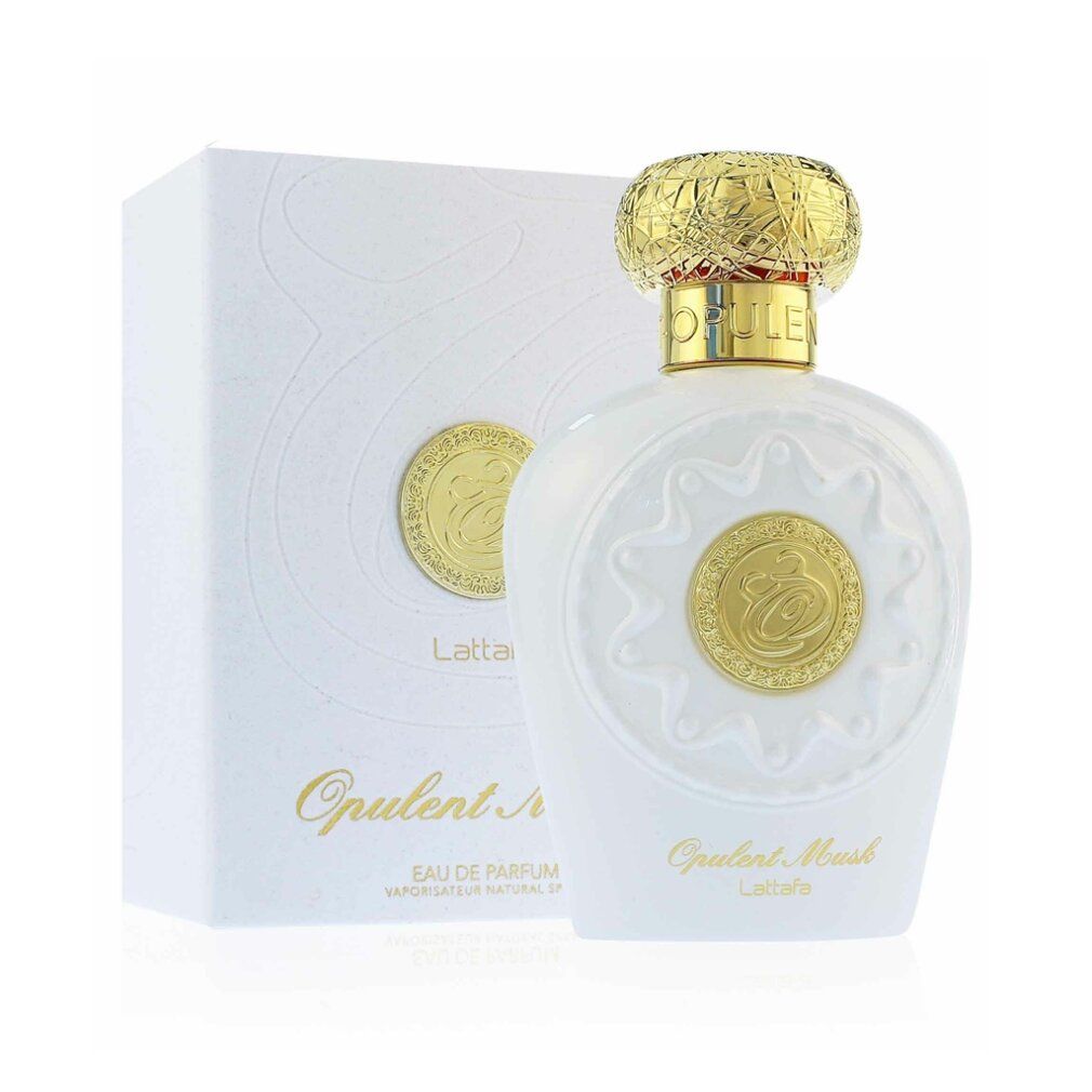 Parfumflasche und Verpackung. Flasche weiß mit goldenem Deckel. Verpackung weiß mit Logo. Aufschrift: Opulent Musk, Lattafa.