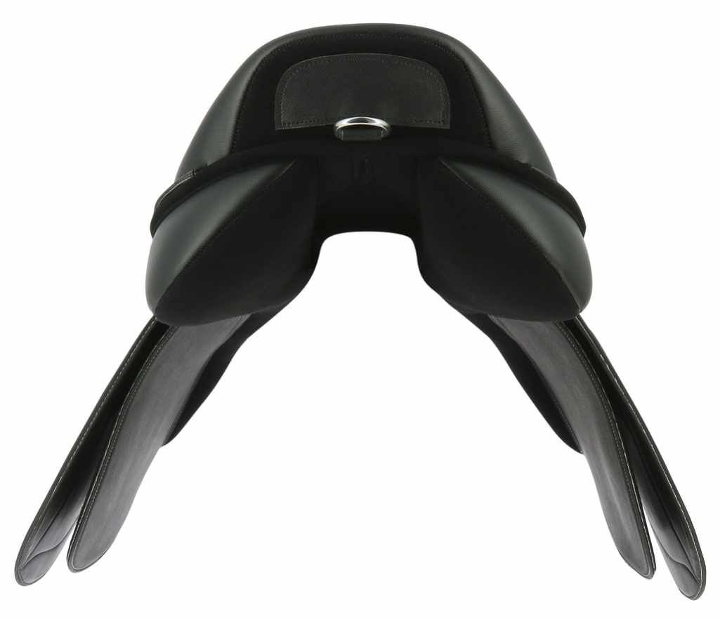Draufsicht auf einen schwarzen Sattel. Sattelblätter und Sitzfläche deutlich erkennbar. Metallring.