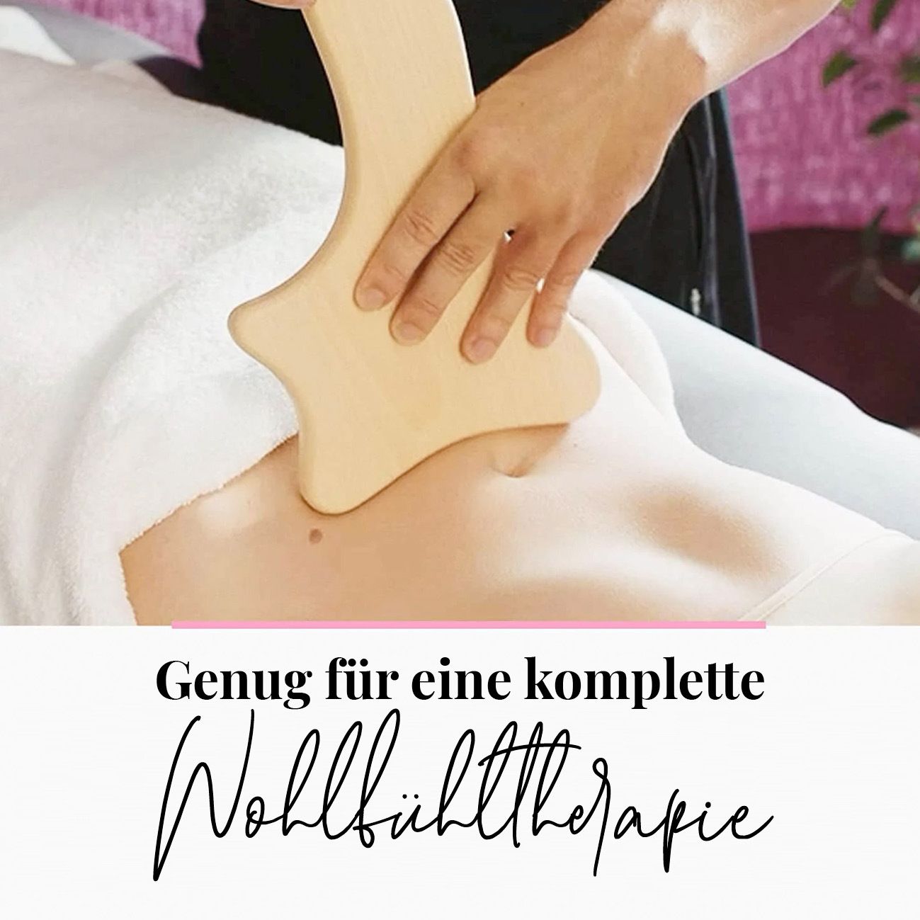 Massagegerät auf Rücken angewendet. Text: Genug für eine komplette Wohlfühltherapie.