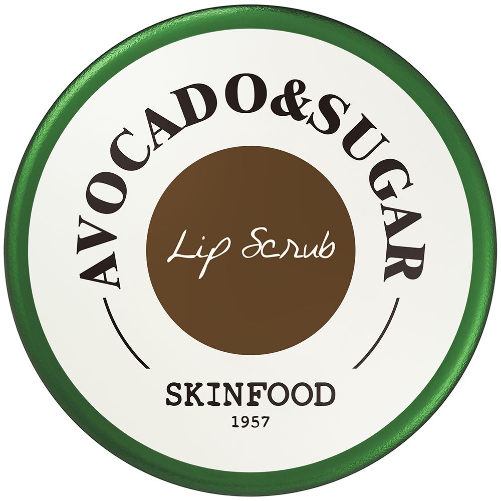 Runder Behälter mit grünem Deckel. Aufschrift: Avocado & Sugar Lip Scrub, SKINFOOD 1957.
