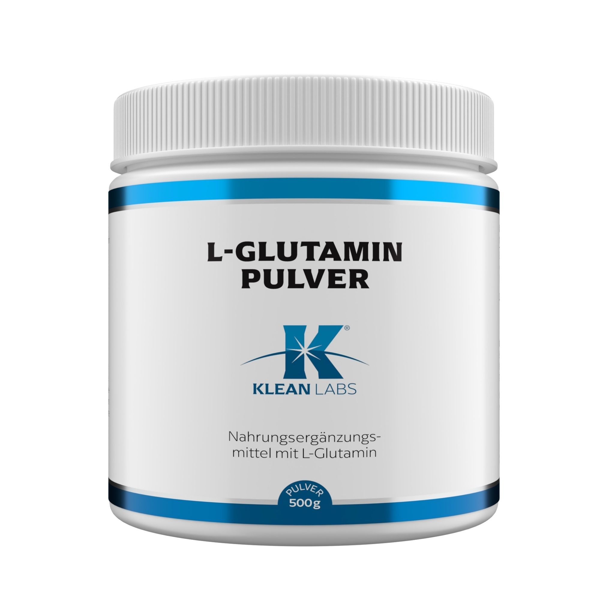 Weißes L-Glutamin Pulver-Behälter mit blauem Streifen. Aufschrift: L-Glutamin Pulver, Klean Labs. Nahrungsergänzungsmittel mit L-Glutamin. 500g.