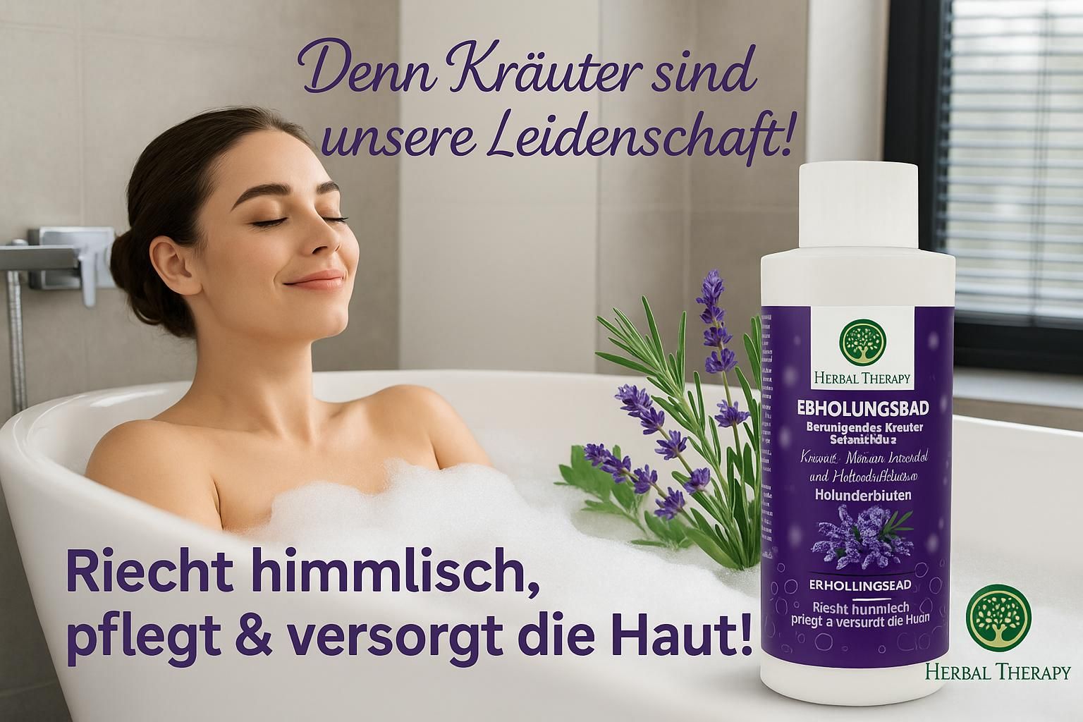 Frau in Badewanne mit Schaum. Flasche Herbal Therapy Erholungsbad. Kräuter und Blüten neben der Wanne. Text: Riecht himmlisch, pflegt & versorgt die Haut!