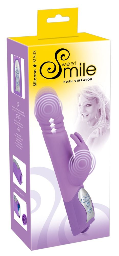 Verpackung eines lila Vibrators mit Stoßfunktion. Produktname Sweet Smile. Sichtbare Steuerungselemente.