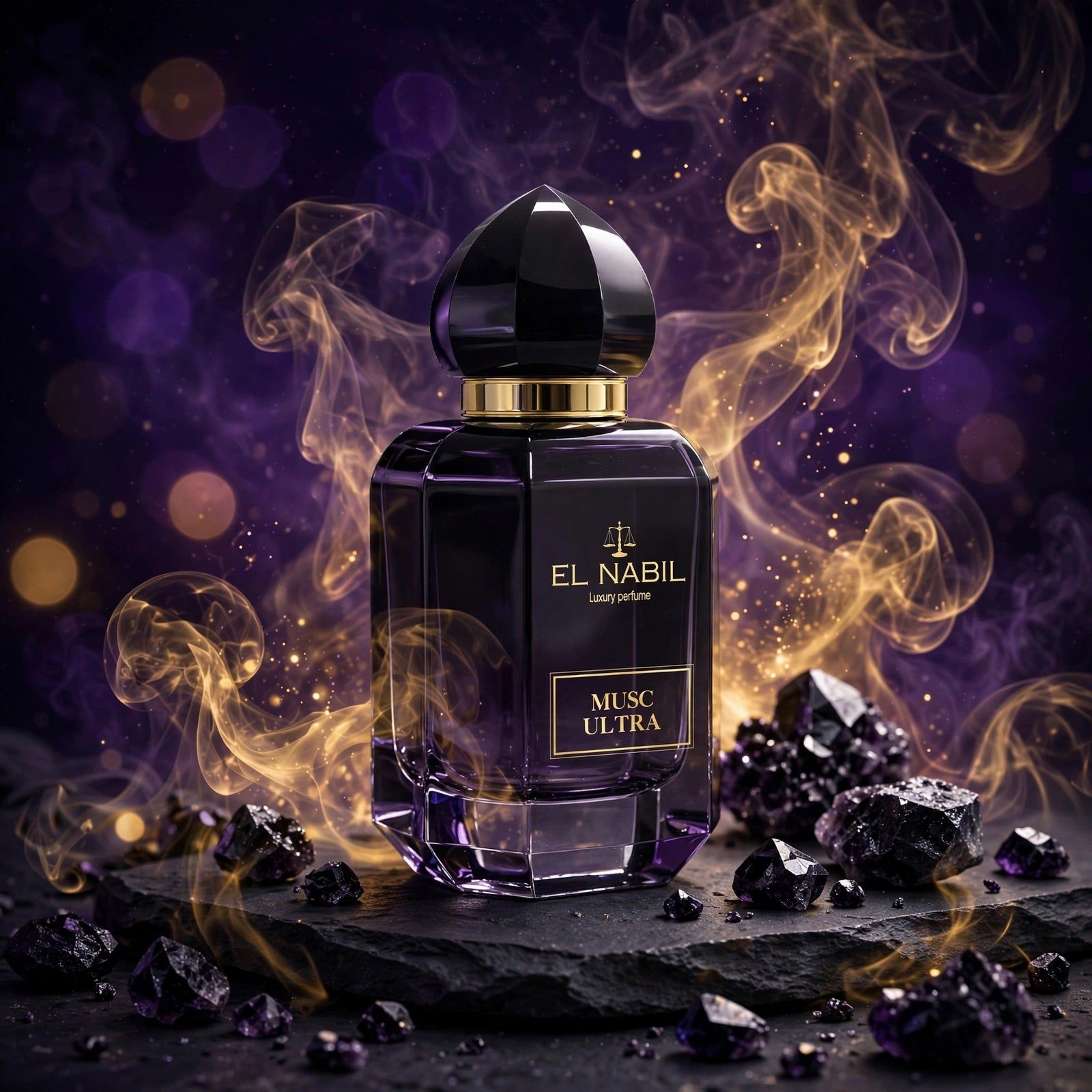 El Nabil Musc Sultan Parfumflakon, schwarz, mit goldenem Ring und facettiertem Verschluss.