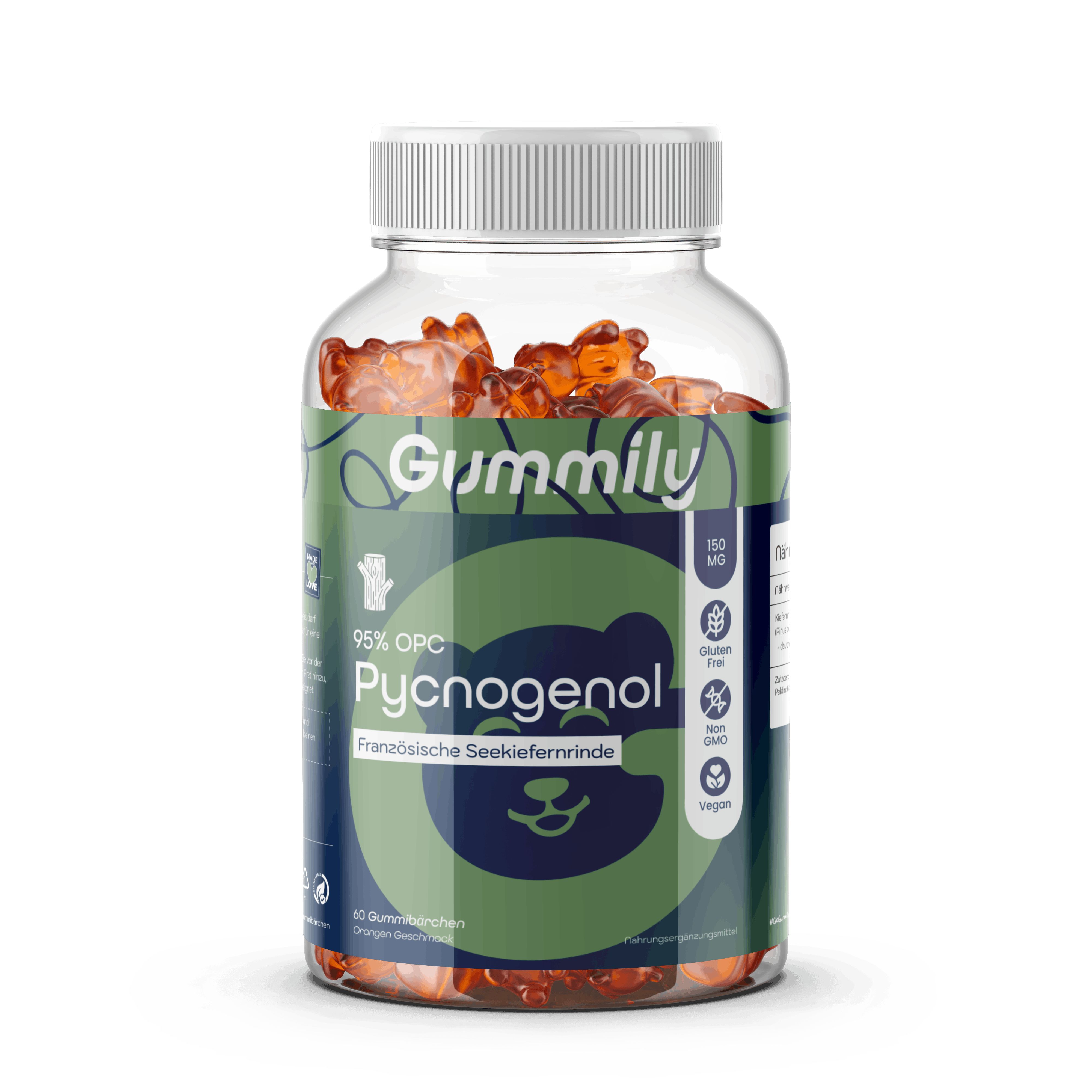 Gummily Pycnogenol Gummibärchen in einem Glasbehälter mit grünem Etikett.