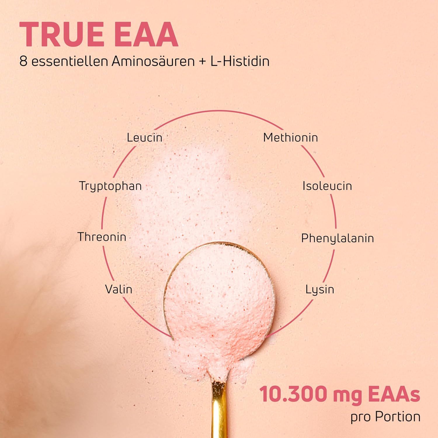 Löffel mit rosa Pulver, umgeben von Kreis mit Aminosäuren-Namen. Aufschrift: 10.300 mg EAAs pro Portion.