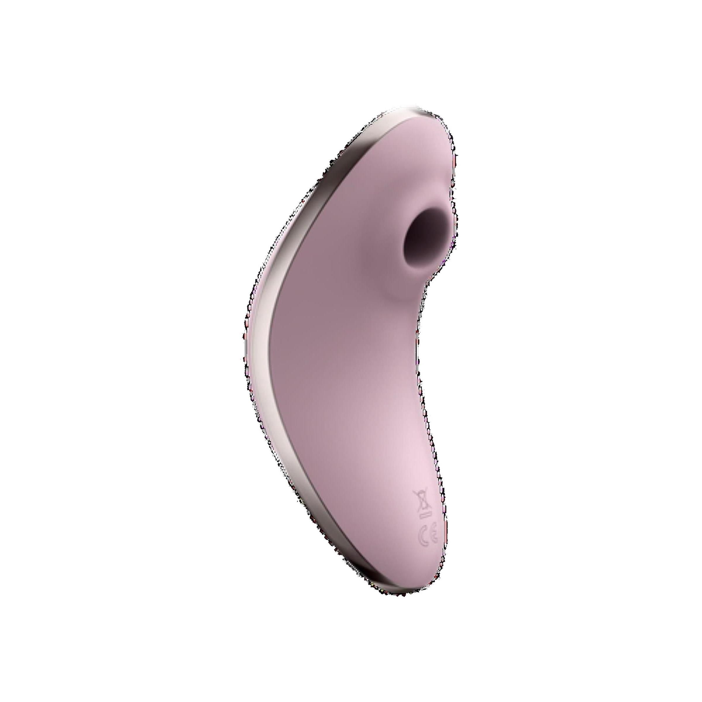 Rosa Vibrator mit silberfarbener Umrandung. Ovale Form mit einer Öffnung. Auf weißem Hintergrund.