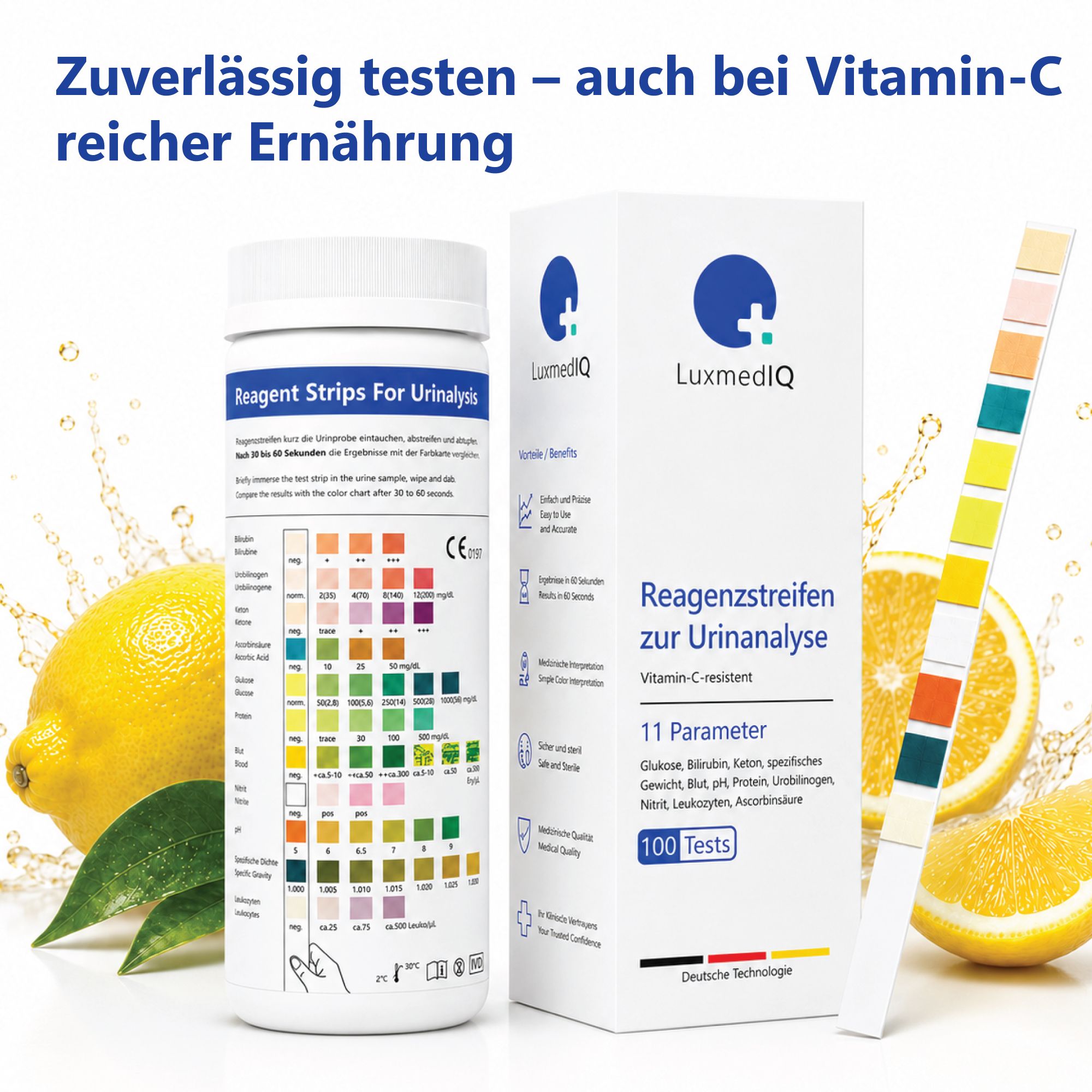 Produktverpackung und Flasche mit Teststreifen. Zitronen und Orangenscheibe. Aufschrift: Reagenzstreifen zur Urinanalyse, 11 Parameter.