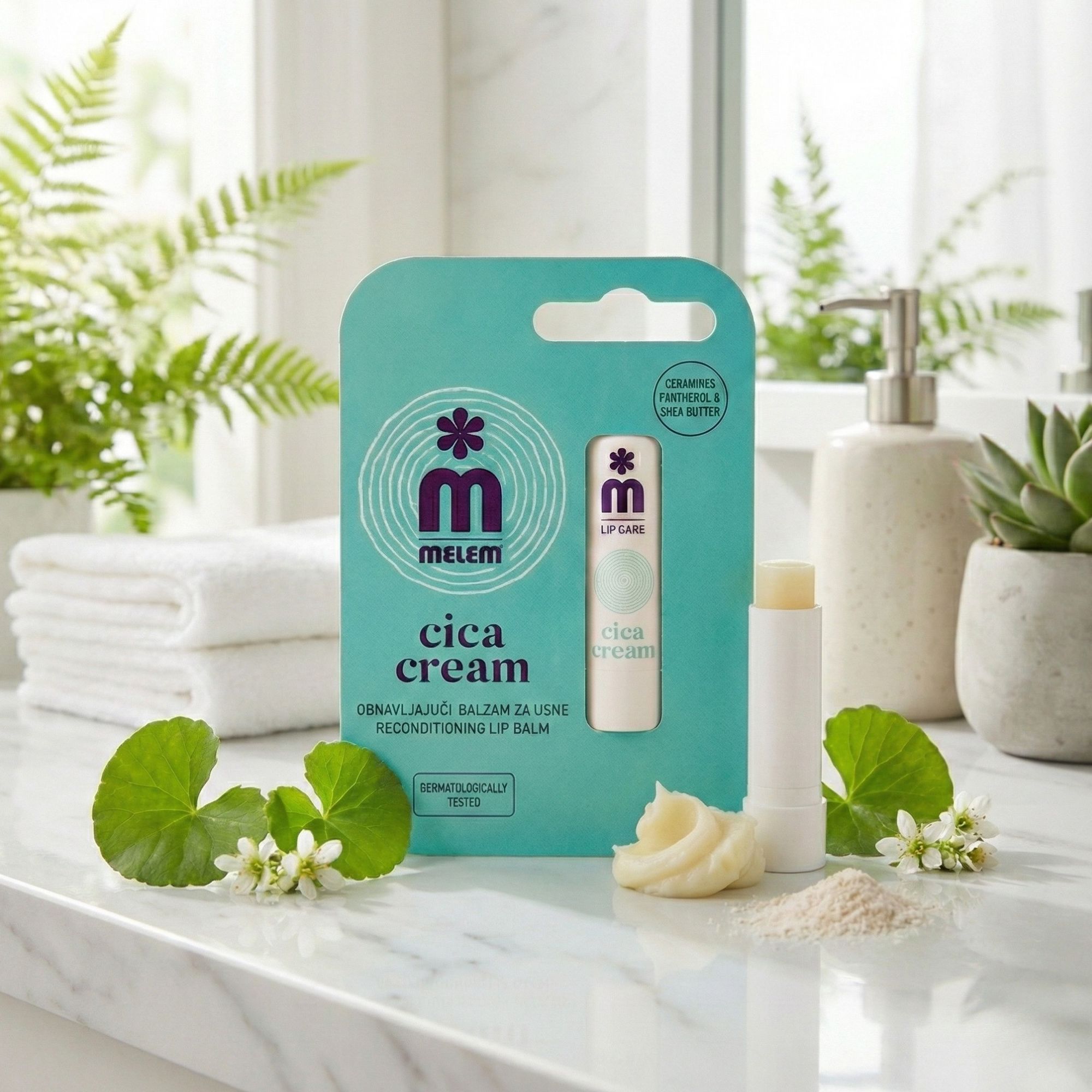Melem Cica Cream Lippenpflegestift in Verpackung und offen. Türkis-weiße Verpackung, weißer Stift. Blüten, Blätter, Creme und Pulver daneben.