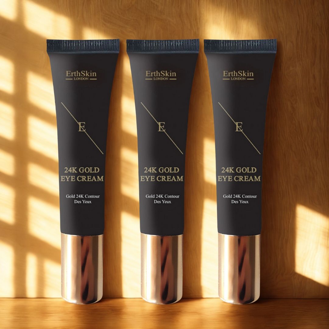 Drei Tuben Augencreme mit schwarzen Tuben und goldenen Kappen. Aufschrift: ErthSkin London, 24K Gold Eye Cream.