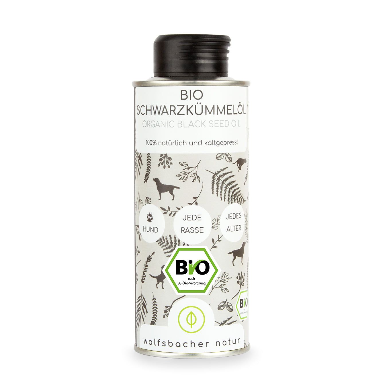 Zylindrische Flasche mit schwarzem Deckel. Aufschrift: BIO Schwarzkümmelöl, Organic Black Seed Oil. Bio-Siegel und Illustrationen.