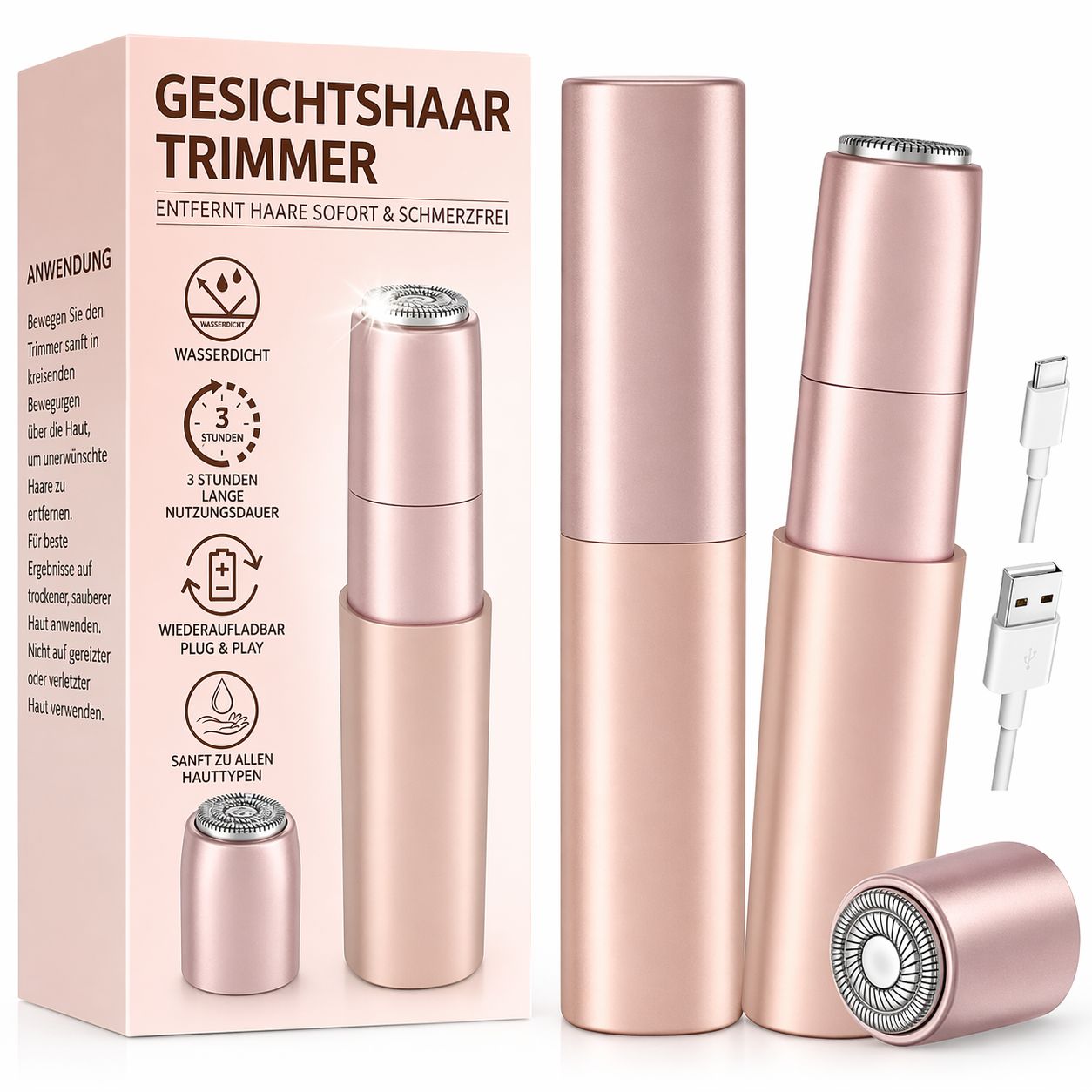 Produktverpackung. Gesichtshaartrimmer. Enthält: Trimmer, zwei Ersatzköpfe, USB-C-Kabel. Text: Entfernt Haare sofort & schmerzfrei.
