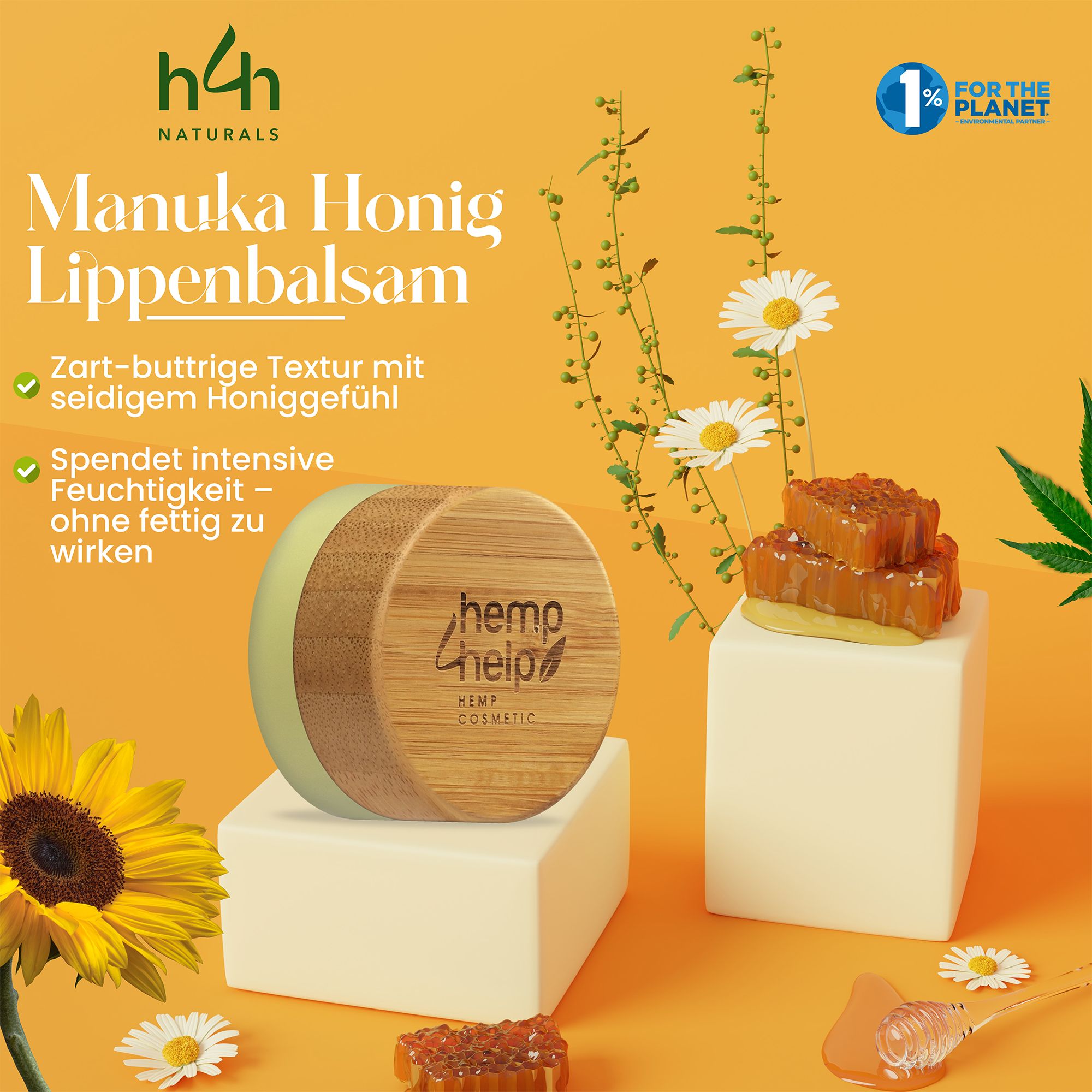 Lippenbalsam-Tiegel mit Holzdeckel auf Podest. Honigwabe, Sonnenblume und Kamille. Text: Manuka Honig Lippenbalsam.